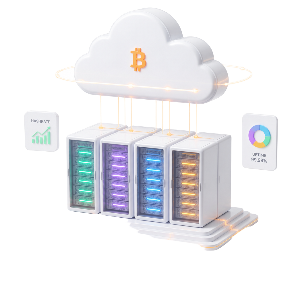 Illustration of cloud mining infrastructure with server racks and a cloud